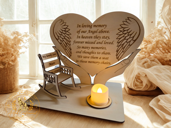 Personalised Wooden Memorial with Memory Chairs & LED Candle