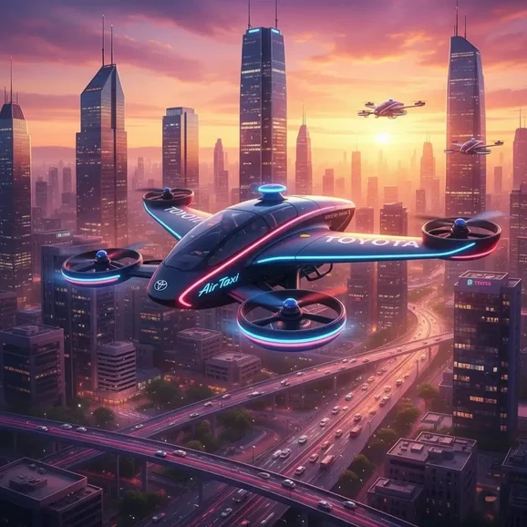 air taxi flying over a futuristic city