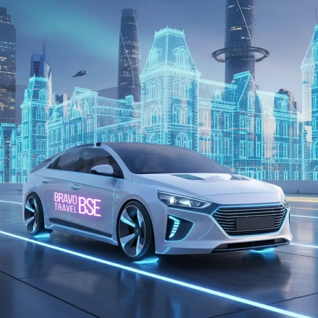 a private hire car from Bravo Travel BSE, with a holographic victorian buildind on background 