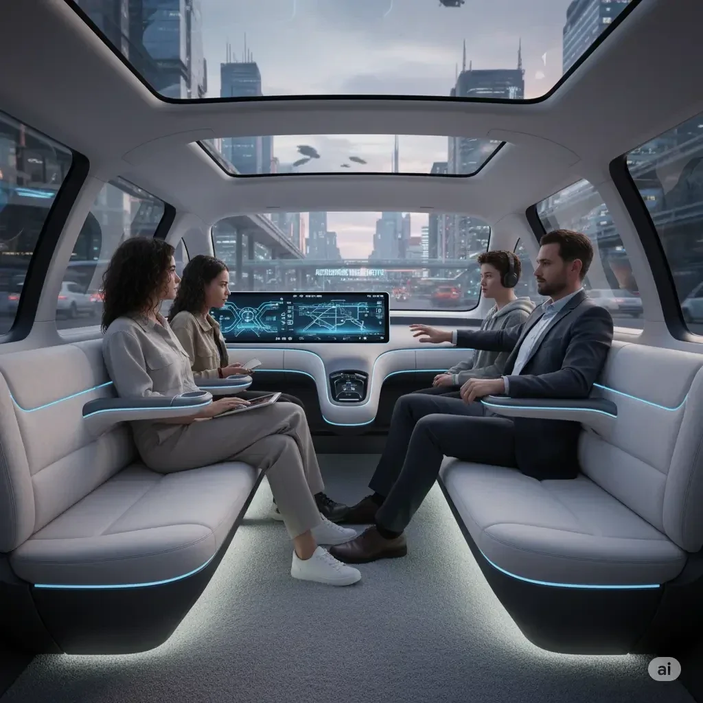 passengers are seating in a driverless taxi