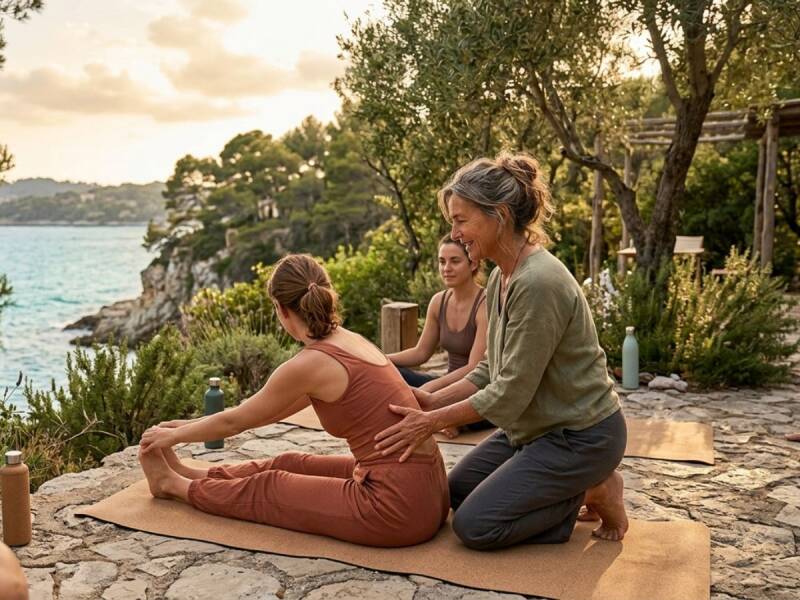 Une formatrice de yoga ajuste avec bienveillance la posture d'une élève lors d'un atelier en extérieur sur une terrasse en pierre face à la mer sur la Côte d'Azur.