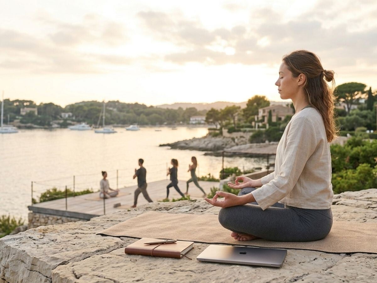 Une femme pratique la méditation en solo sur une falaise de la Côte d'Azur au coucher du soleil, tandis qu'un groupe d'étudiants participe à un week-end de formation de professeur de yoga en arrière-plan.