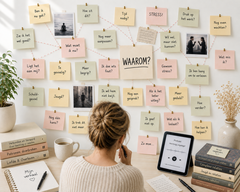 Vrouw kijkt naar een muur vol post-its met twijfels over haar relatie, zoals Ligt het aan mij en Ben ik te gevoelig