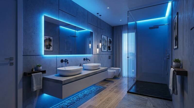Un bagno moderno elegante e funzionale, progettato per unire comfort, estetica e praticità. Linee pulite, sanitari dal design contemporaneo e finiture raffinate creano un ambiente armonioso e luminoso, ideale per il relax quotidiano.  Elementi come mobili
