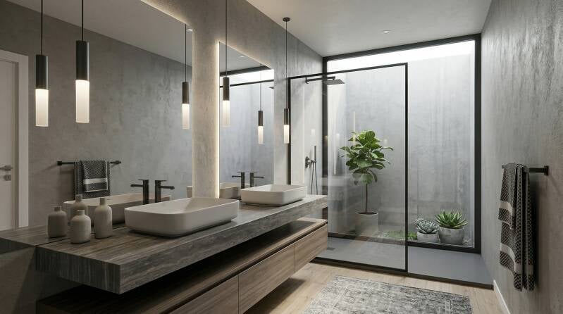 Un bagno moderno elegante e funzionale, progettato per unire comfort, estetica e praticità. Linee pulite, sanitari dal design contemporaneo e finiture raffinate creano un ambiente armonioso e luminoso, ideale per il relax quotidiano.  Elementi come mobili