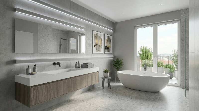 Un bagno moderno elegante e funzionale, progettato per unire comfort, estetica e praticità. Linee pulite, sanitari dal design contemporaneo e finiture raffinate creano un ambiente armonioso e luminoso, ideale per il relax quotidiano.  Elementi come mobili