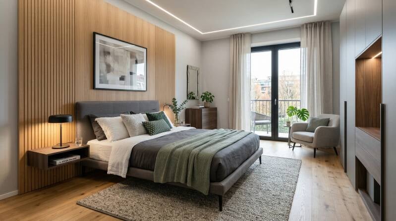 Una camera da letto moderna elegante e funzionale, progettata per coniugare comfort e design contemporaneo. Linee pulite, arredi minimalisti su misura e materiali di qualità creano un ambiente armonioso e luminoso, ideale per il relax quotidiano.  I detta