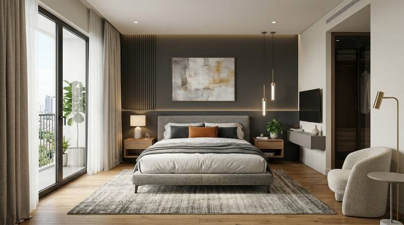 Una camera da letto moderna elegante e funzionale, progettata per coniugare comfort e design contemporaneo. Linee pulite, arredi minimalisti su misura e materiali di qualità creano un ambiente armonioso e luminoso, ideale per il relax quotidiano.  I detta