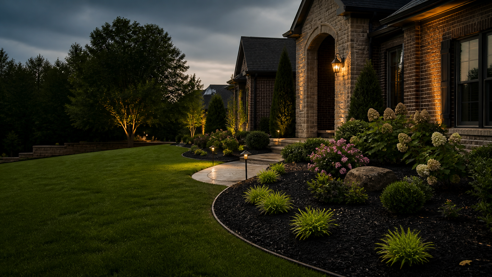 Premium landscaping services in Fort Worth Texas by TrueLight Luxury Property Services with clean flower beds, fresh mulch, sharp edging, plants, and polished curb appeal