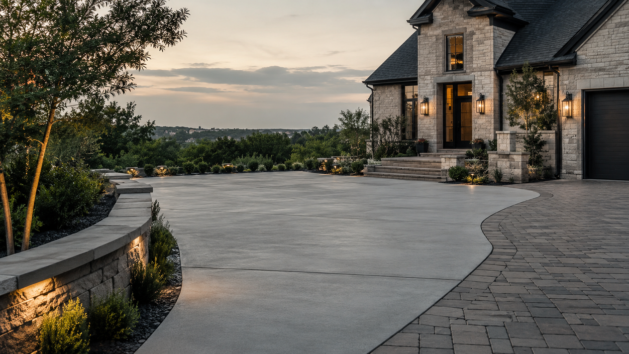 Concrete and hardscaping services in Fort Worth Texas by TrueLight Luxury Property Services featuring concrete flatwork, patios, walkways, pavers, retaining walls, pads, and clean exterior hardscape upgrades