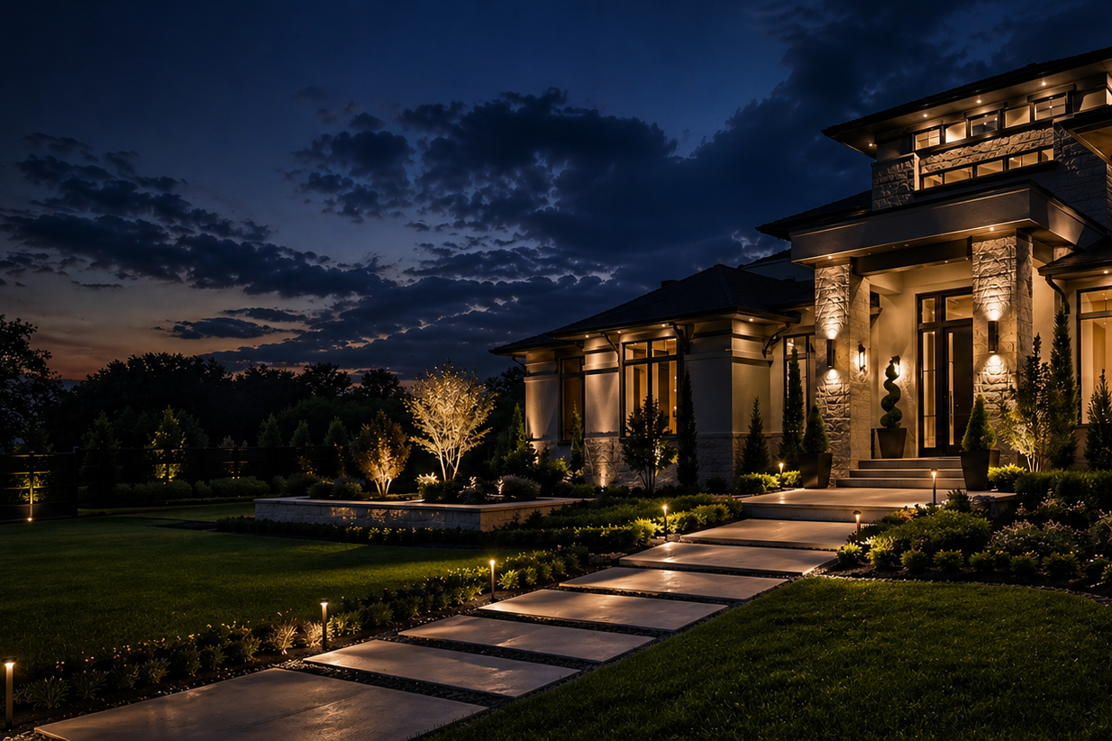 TrueLight Luxury Property Services project gallery showing premium exterior property work in Fort Worth Texas including landscaping, sod, turf, fencing, concrete, lighting, and commercial exterior services