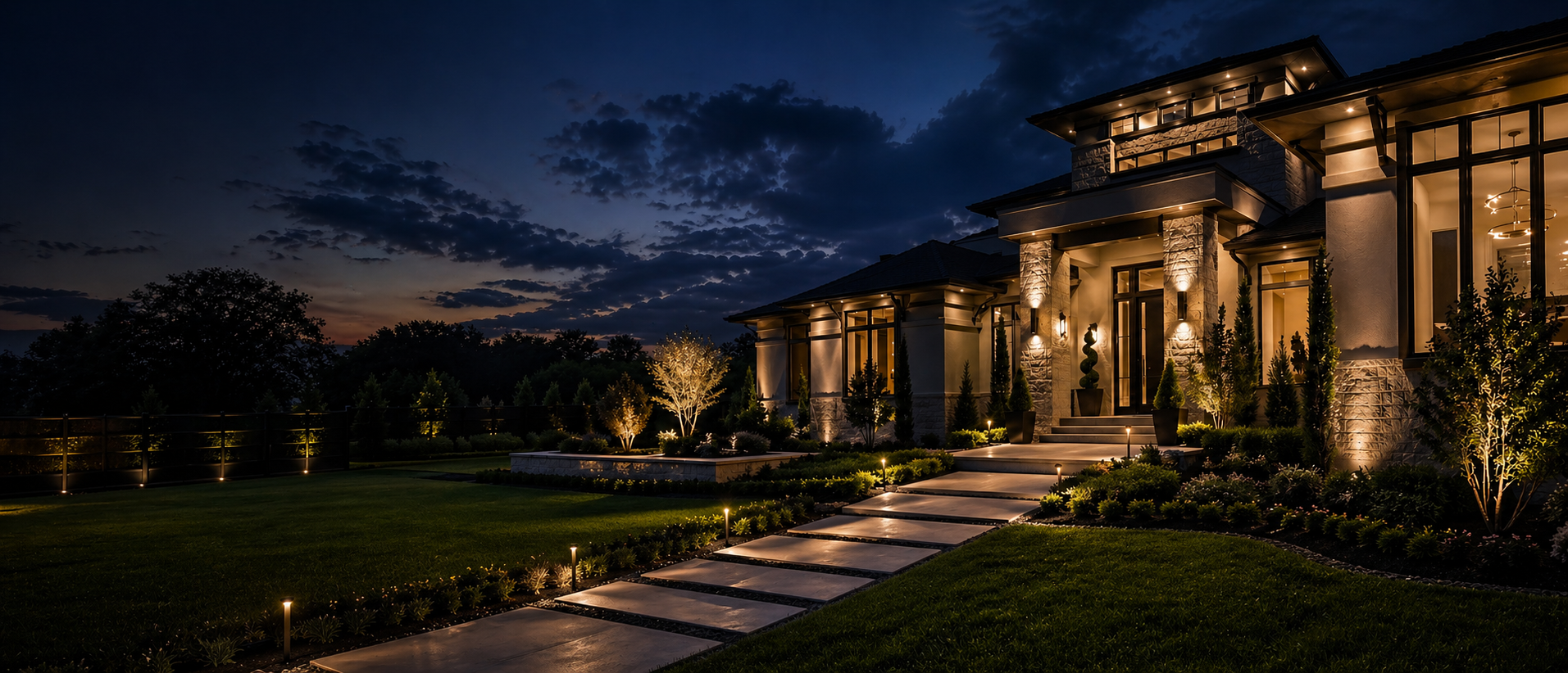 Premium Fort Worth home exterior with professional landscaping and lighting by TrueLight Luxury Property Services serving the DFW Metroplex