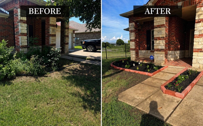 Before and after flower bed refresh in Keller Texas with fresh black mulch new plants clean bed shaping and improved curb appeal by TrueLight Property Services