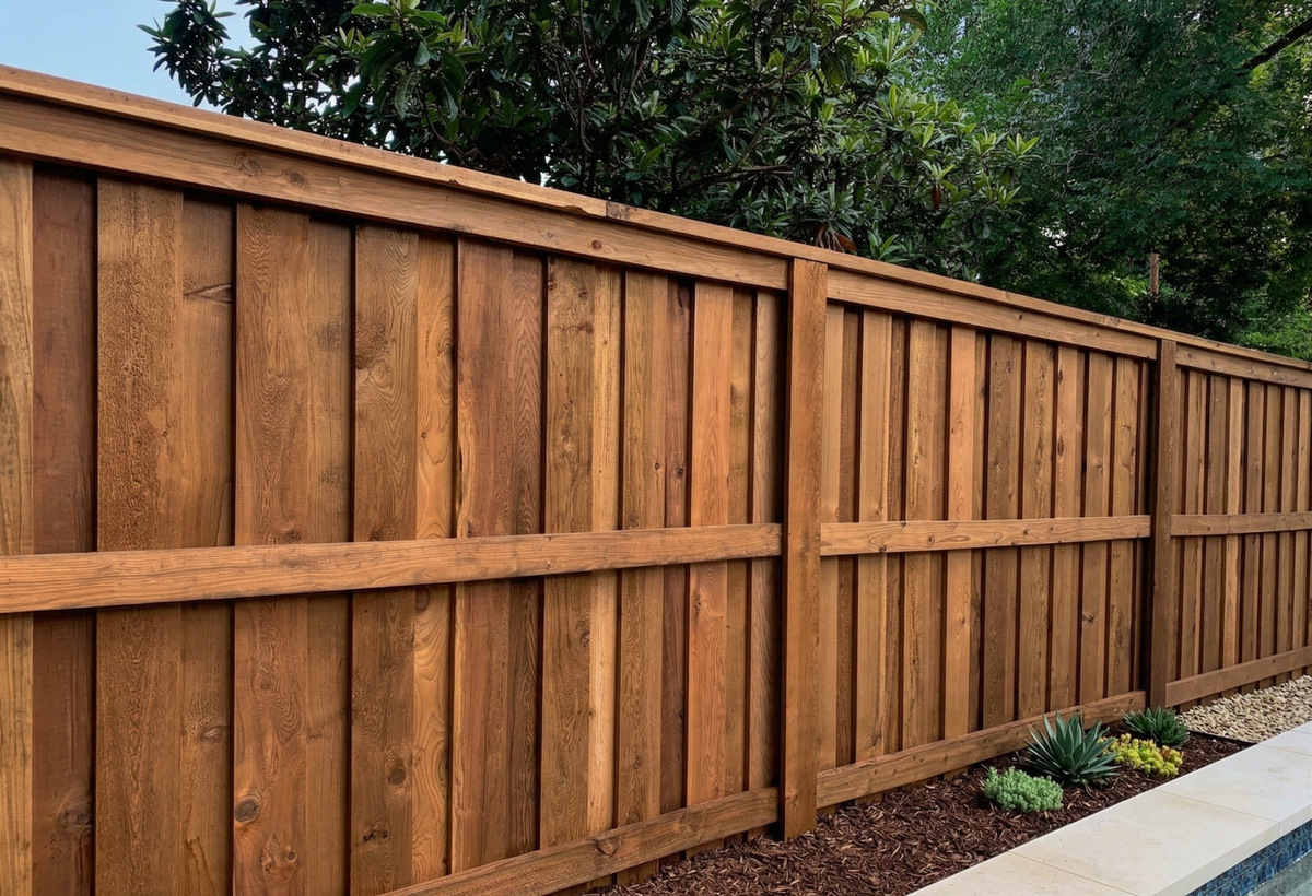 Top cap and trim wood fence with polished exterior finish