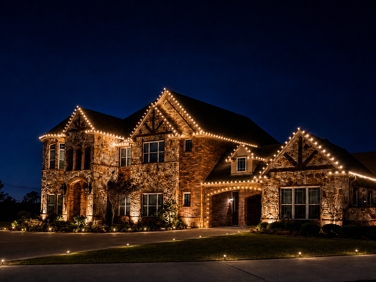 Christmas light installation and holiday lighting display in Fort Worth Texas by TrueLight Luxury Property Services with clean roofline lights, warm white tree lighting, landscape lighting, and premium home exterior presentation