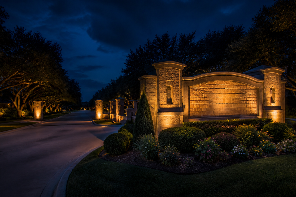 Commercial and HOA exterior property services in Fort Worth Texas by TrueLight Luxury Property Services with managed property entrance landscaping, lighting, curb appeal, and professional property presentation