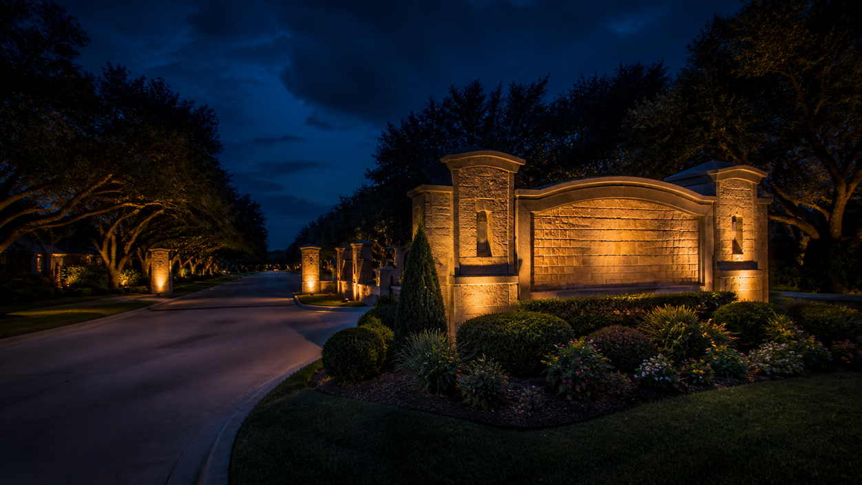 Illuminated HOA community entrance monument with professional landscape lighting and landscaping