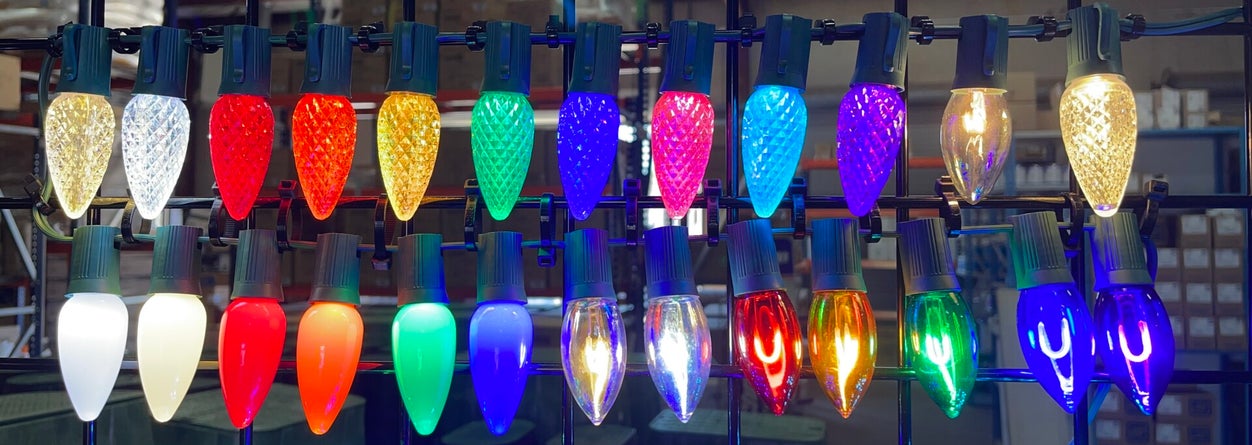 Commercial-grade C9 holiday light bulb color options for TrueLight roofline and outline displays