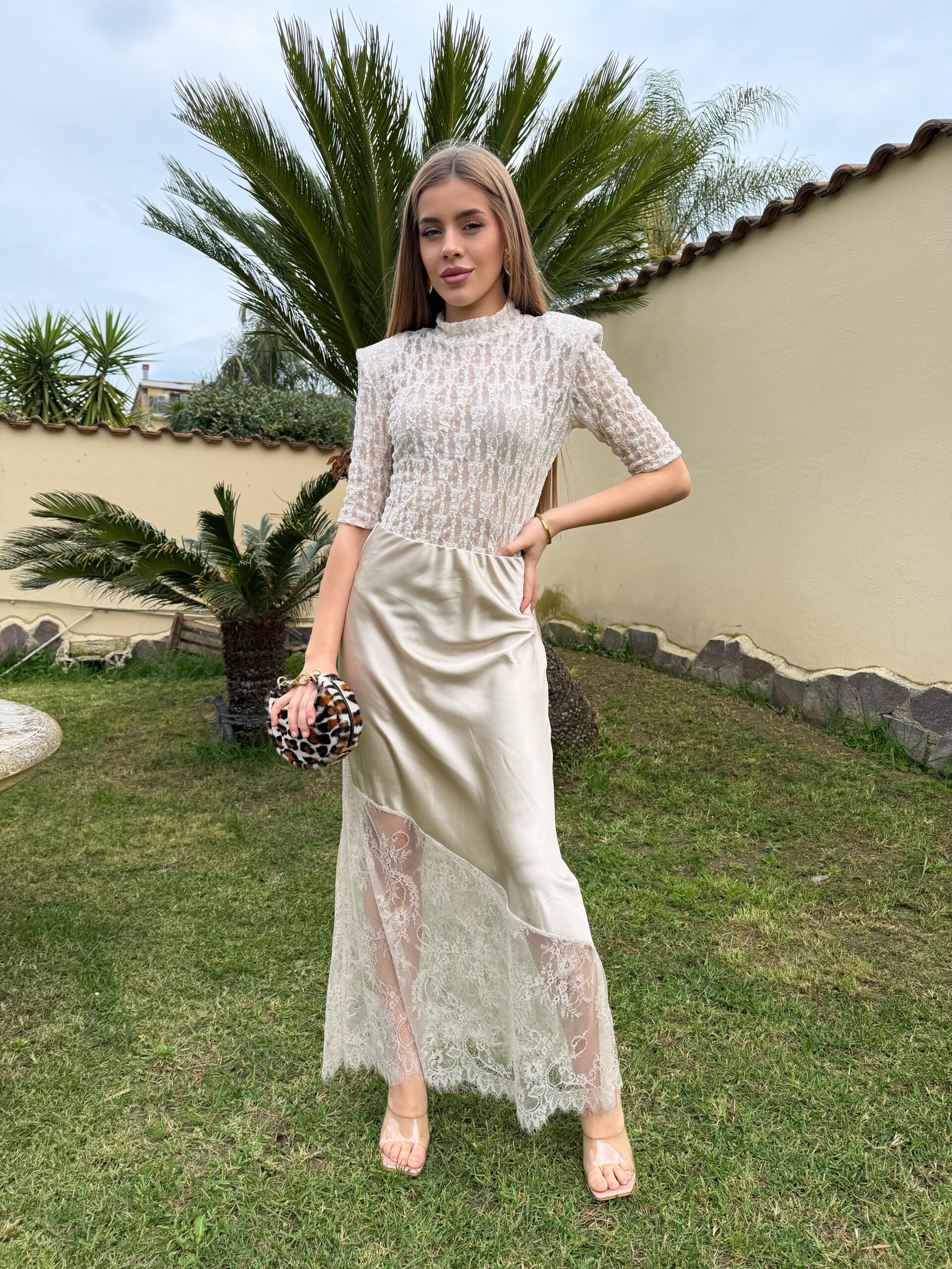 Gonna Lunga in Satin e Pizzo Bianca