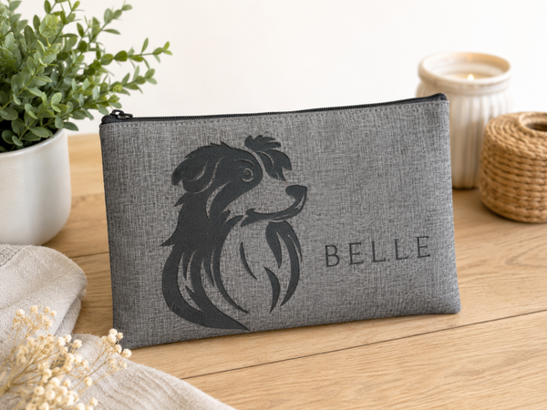 Personalised Dog Lover’s Zipped Pouch – Custom Name, Stylish Grey Fabric, Perfect Gift for Dog Lovers
