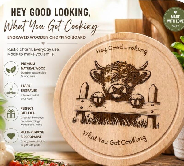 Engraved Highland Cow Wooden Serving & Chopping Boards – Rustic Farmhouse Kitchen Décor & Unique Gift