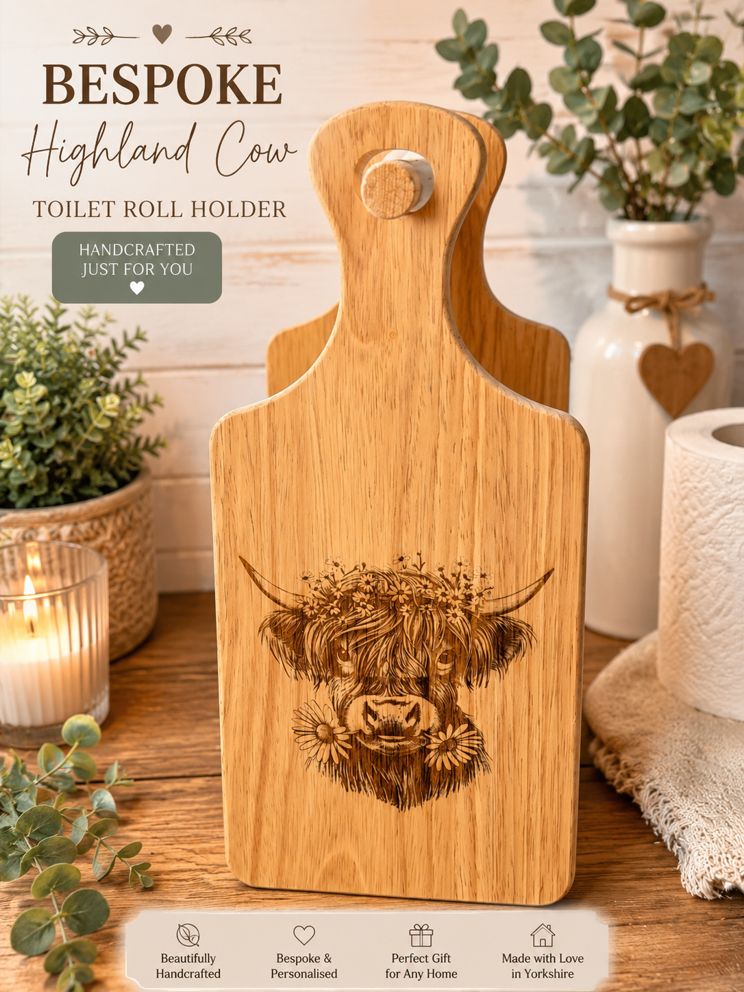 Highland Cow Toilet Roll Holder – Bespoke Wooden Bathroom Storage with Beautiful Floral Highland Cow Design