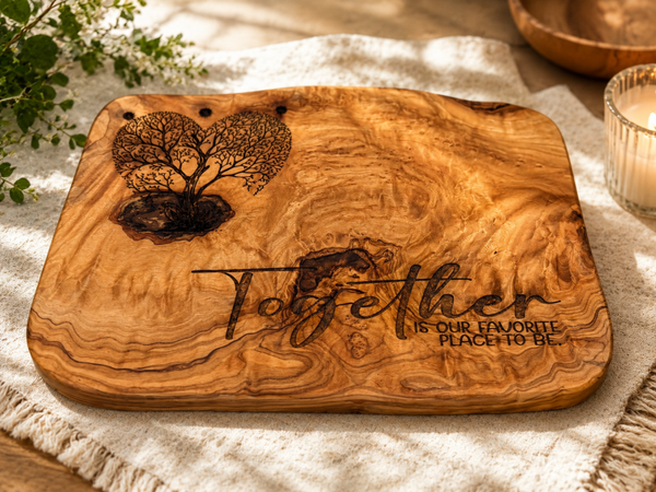 Handcrafted Organic-Shaped Olive Wood Serving Board – Engraved “Together Is Our Favourite Place to Be” Heart Tree Design