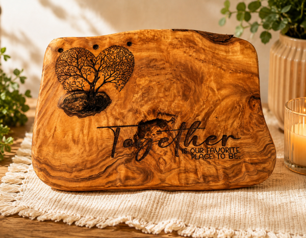 Bring natural beauty, warmth and character into your home with this stunning organic-shaped olive wood serving board, beautifully engraved with the heartfelt words “Together Is Our Favourite Place to Be” and finished with an intricate heart-shaped tree de