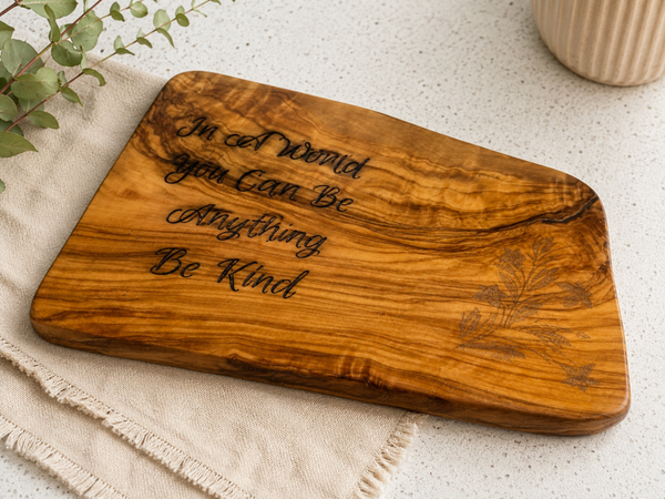 Handcrafted Olive Wood Serving Board – Engraved “Be Kind” Inspirational Design – Unique Organic-Shaped Gift