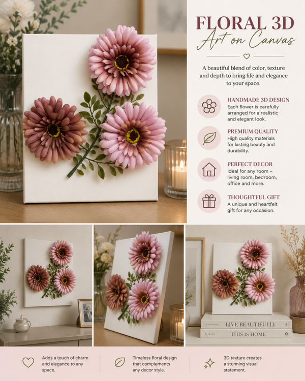 Handcrafted 3D Floral Canvas | Pink Daisy Wall Art | Botanical Home Decoration