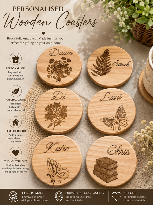 Personalised Engraved Wooden Coaster – Custom Name Coaster | Laser Engraved Wood Drink Mat | Housewarming Gift | Wedding Gift | Rustic Home Décor