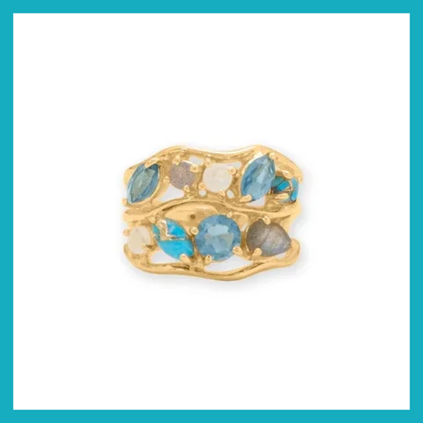 14 Karat Gold Plated Blue Multi Stone Cluster Ring