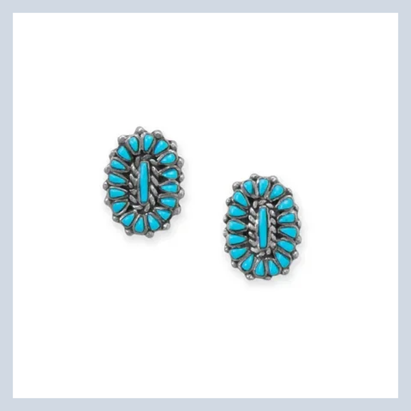 Small Handmade Oxidized Sunburst Turquoise Stud Earrings
