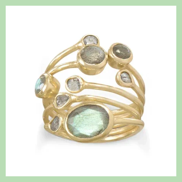 14 Karat Gold Plated Polki Diamond and Labradorite Multi-Row Ring