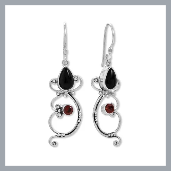 Black Onyx and Garnet Bali Earrings
