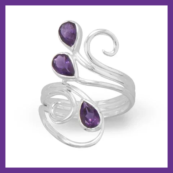 Polished Scroll Design Amethyst Ring