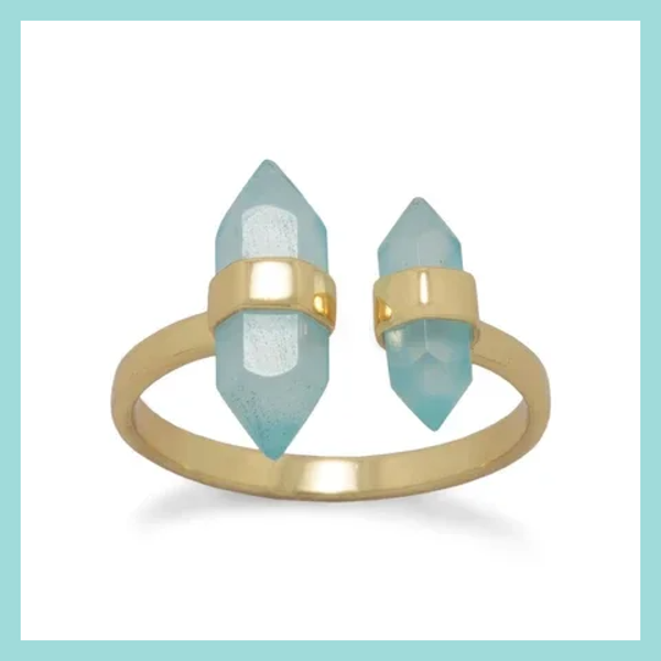 14 Karat Gold Plated Spike Pencil Cut Aqua Chalcedony Split Ring