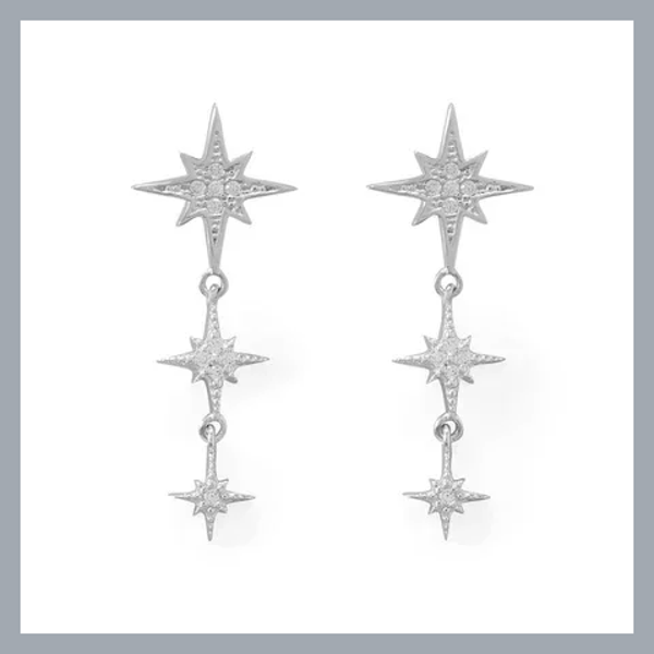 Rhodium Plated CZ Star Drop Earrings