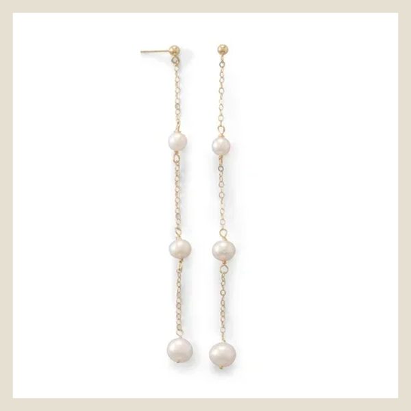 14 Karat Gold Post Earrings with Three Cultured Freshwater Pearl Drop