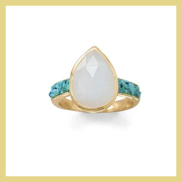 14 Karat Gold Plated Rainbow Moonstone and Crushed Turquoise Ring