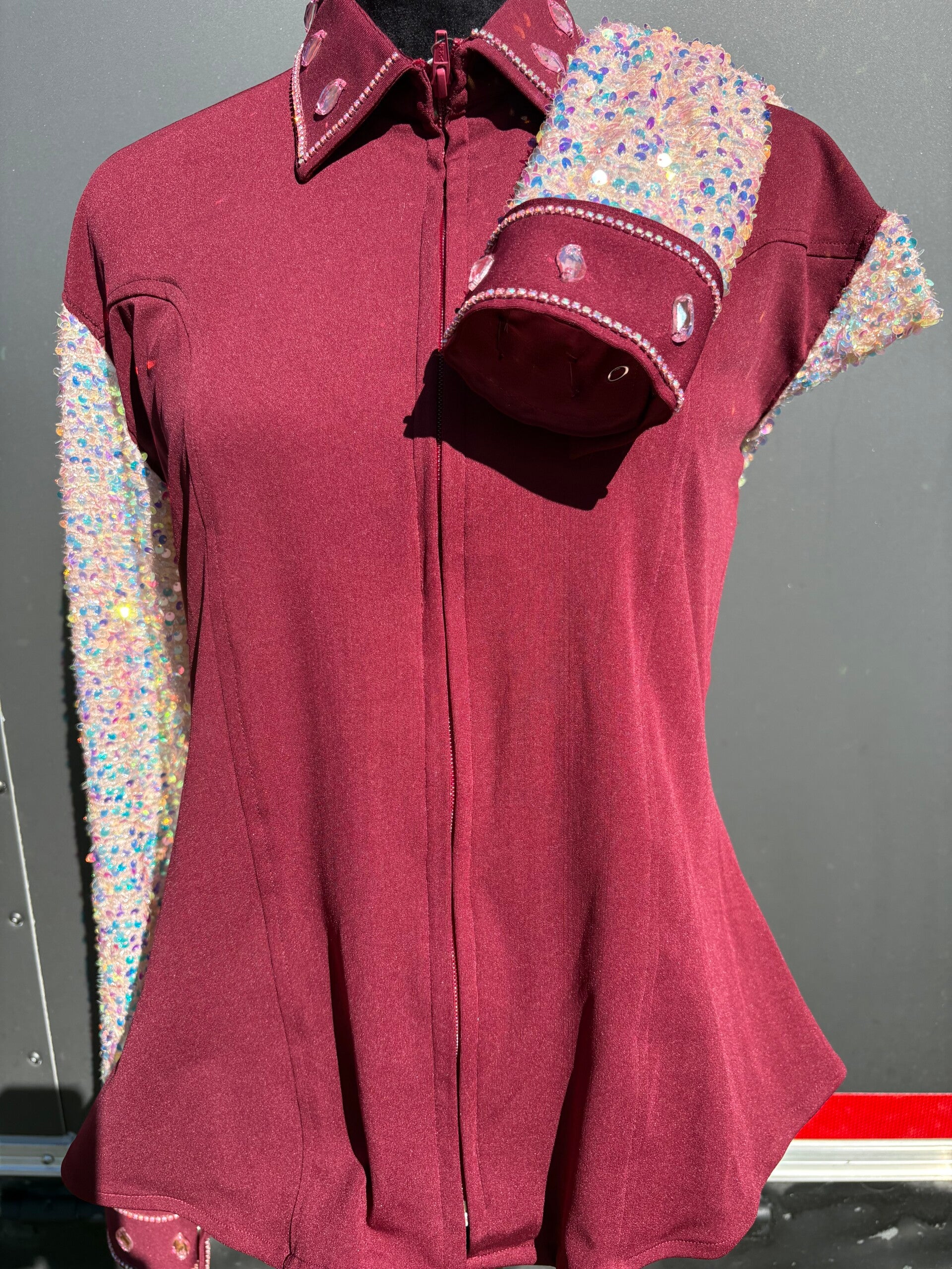 Burgundy Lycra with Sheer Sequined sleeves