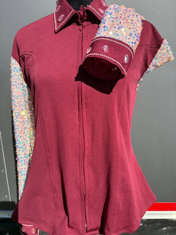 Burgundy Lycra with Sheer Sequined sleeves