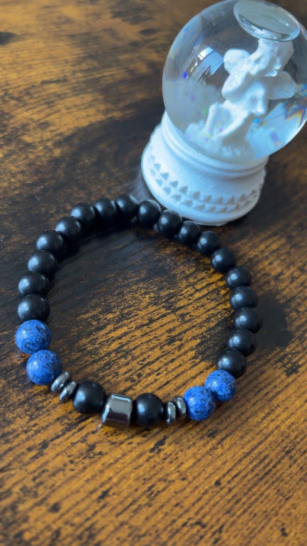 Bracelet homme tourmaline noir-œil de tigre bleu 8mm