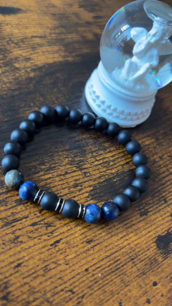 Bracelet homme tourmaline noir-œil tigre bleu 8mm