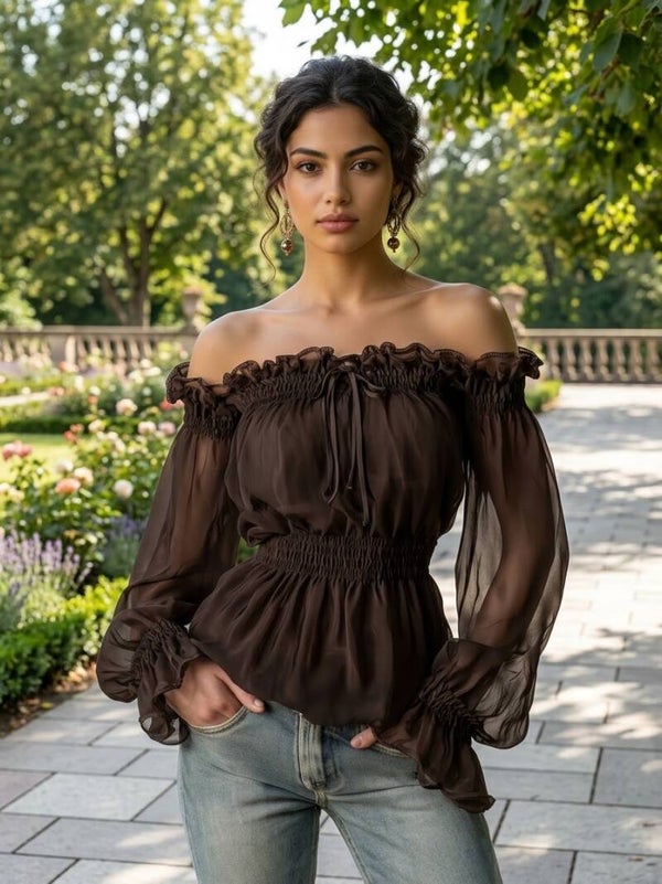 Retro-Chiffon-Shirt mit Rüschen