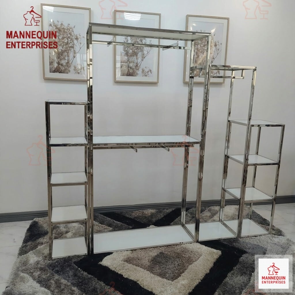 Tall Silver Clothing & Display Rack – Premium MDF Shelf Design (240 cm)