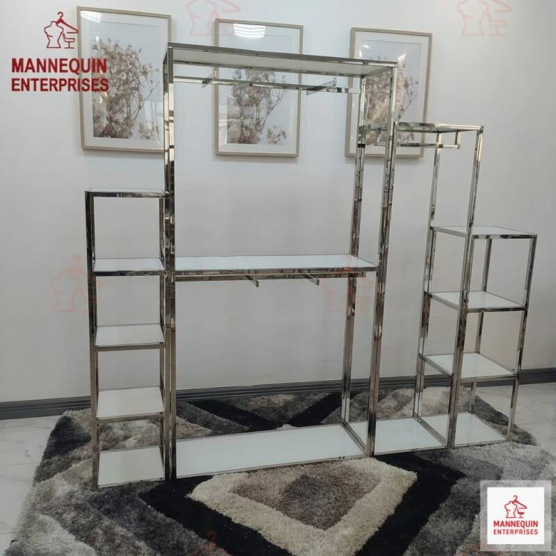 Tall Silver Clothing & Display Rack – Premium MDF Shelf Design (240 cm)