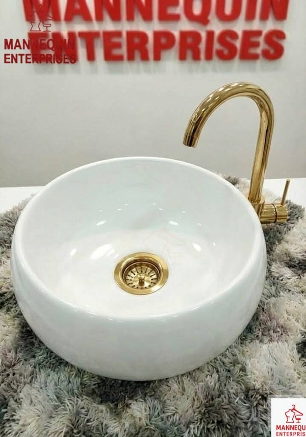 Luxury White Ceramic Countertop Basin with Gold Faucet