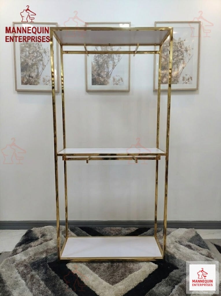 Tall Gold Clothing & Display Rack – Premium MDF Shelf Design (240 cm)