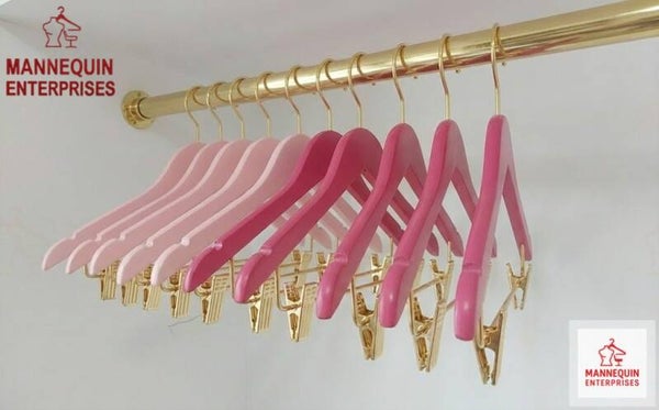 Premium Pink Wooden Pants Hanger with Gold Clip 130Pcs